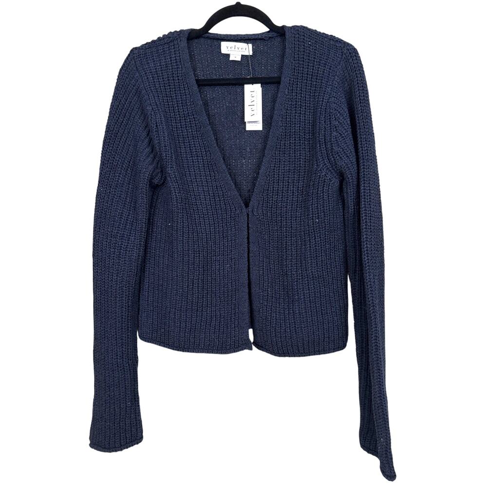 Velvet Womens M Navy Blue Cozy Knit Cotton Blend Cardigan Sweater Luxe NWT